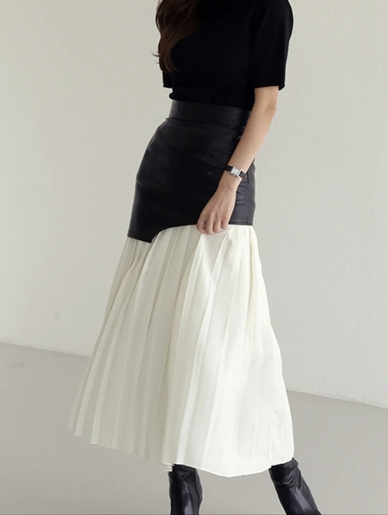 Commense Dresses & Skirts - NWT Commense Asymmetric Patchwork Faux Leather Chiffon Pleated Maxi Skirt